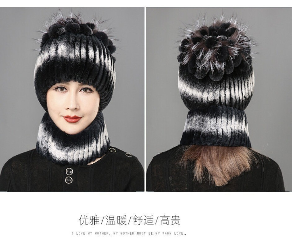 Winter Fur Hats Scarf Women Real Rex Rabbit Warm Beanie Cap With Fox Fur Fluffy