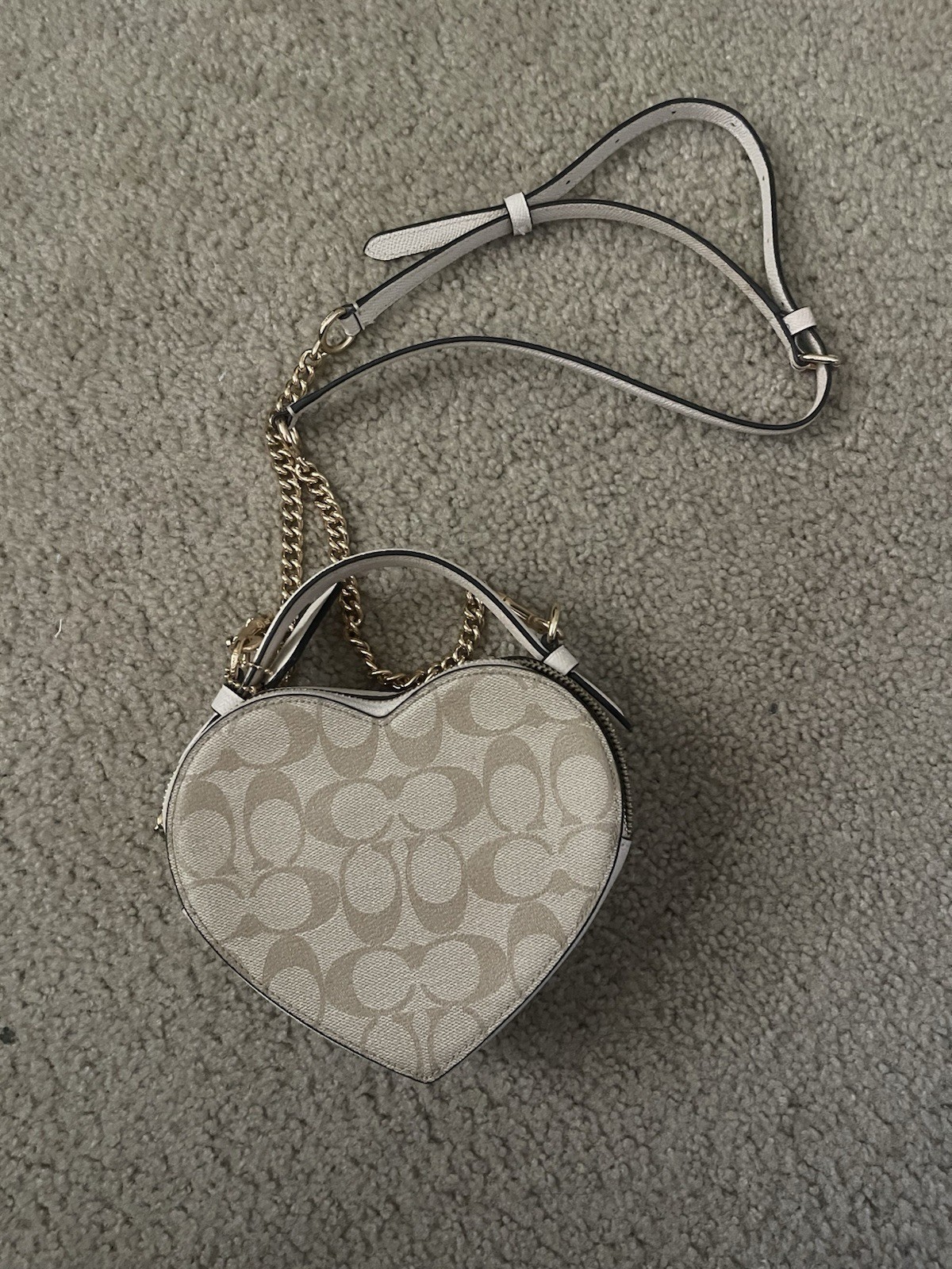 Coach Heart-Shaped Crossbody Bag Signature Monogram Beige Gold Hardware Strap