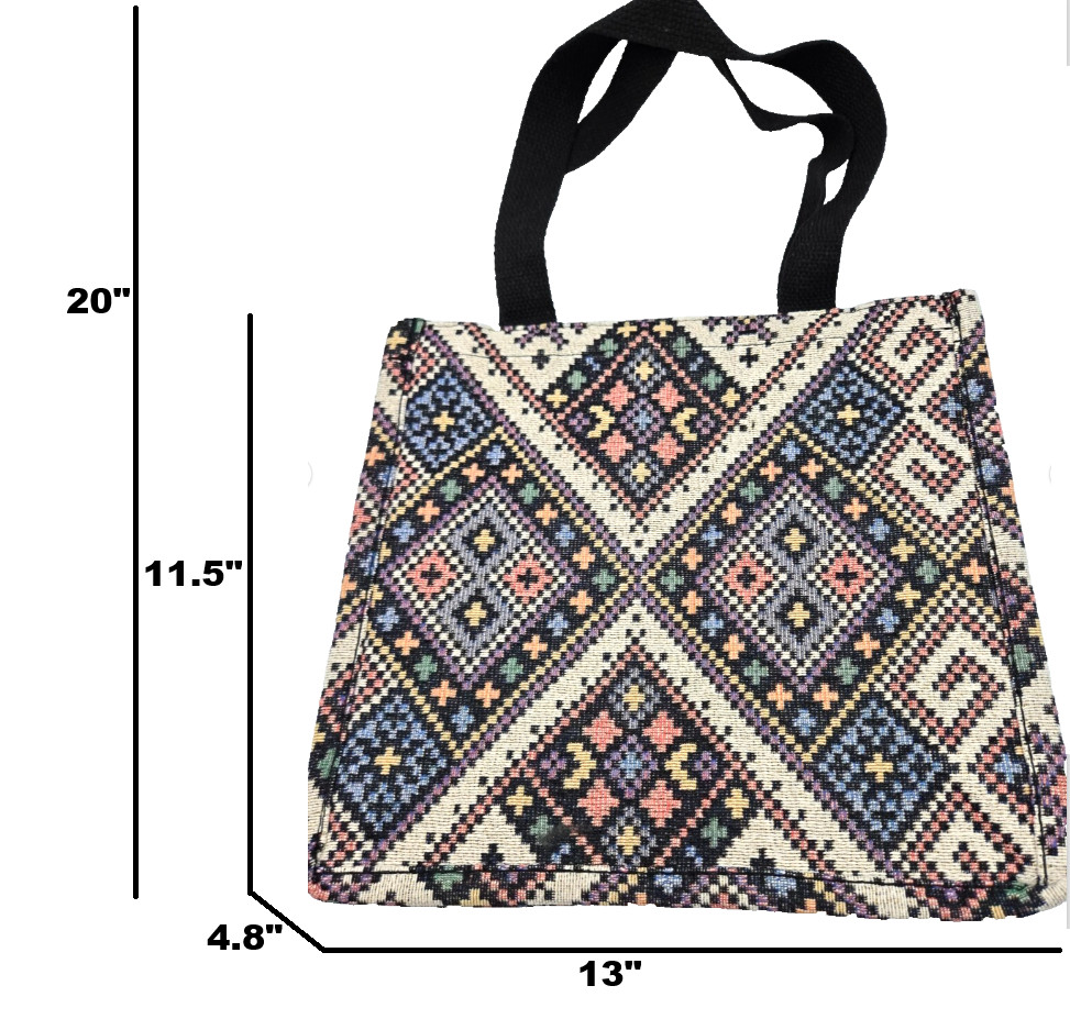Southwestern Woven Geometric Print Tote Bag, Black Straps, 11.5″HX13″WX4.8″D