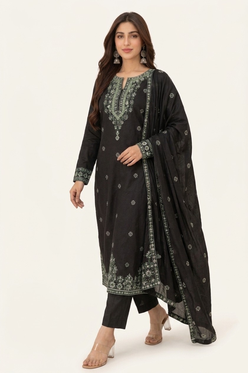 Women’s Black Embroidered Suit Pakistani Ethnic – Standard Size