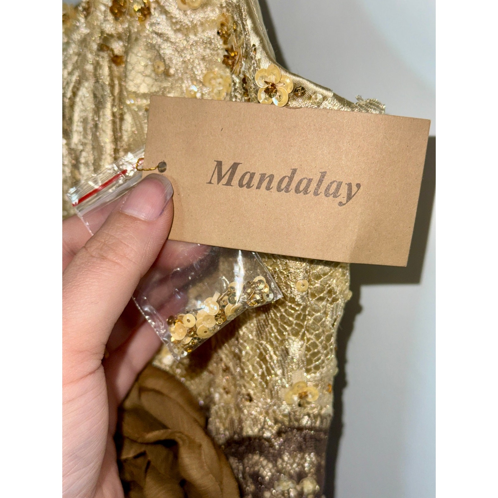 NWT Mandalay Champagne Gold Lace Beaded Sequin Long Mermaid Evening Gown Size 8