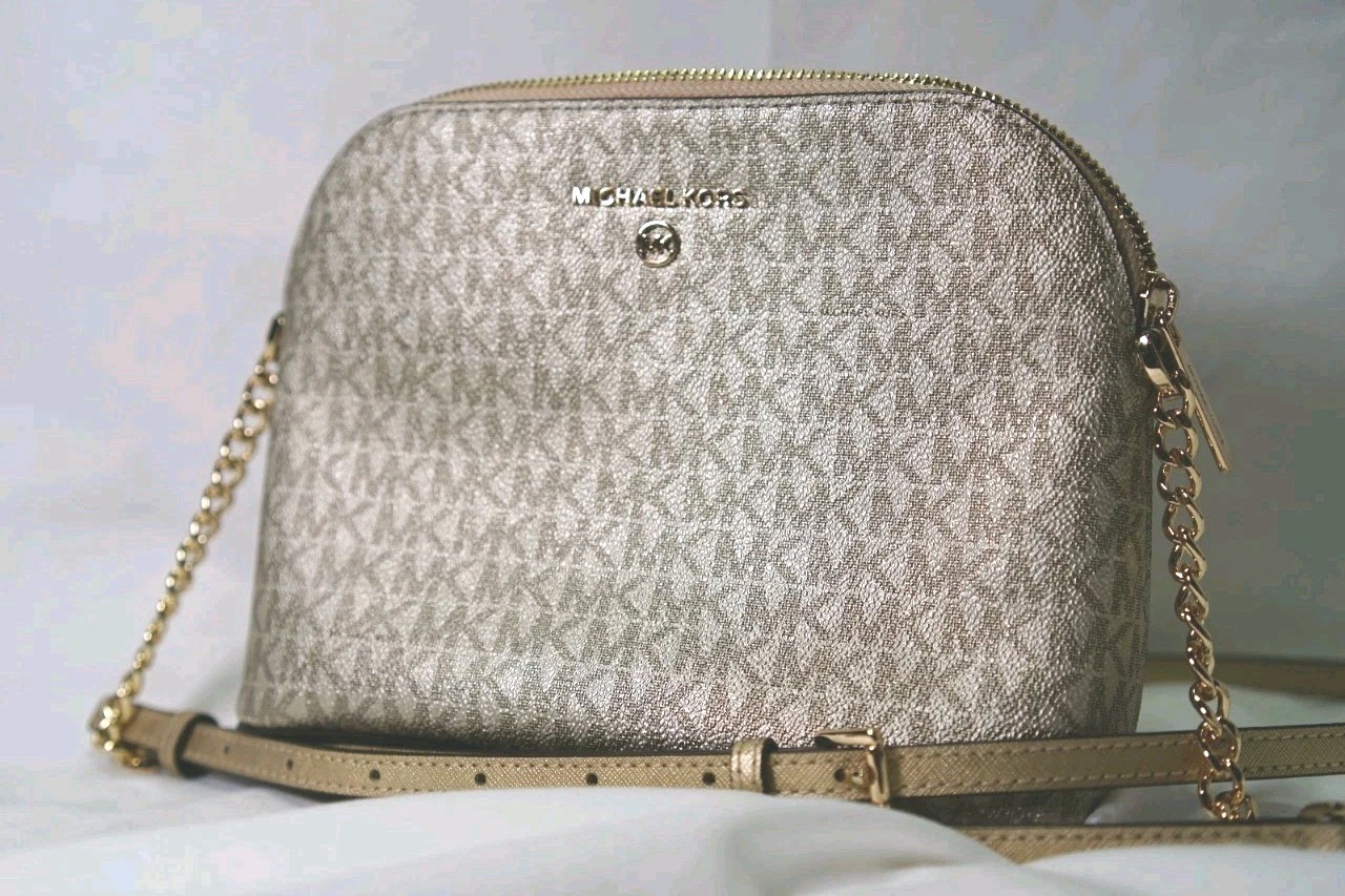 Michael Kors Jet Set Travel Dome Crossbody – Pale Gold Metallic Logo Design