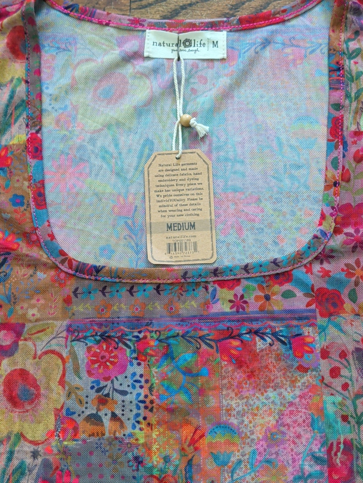 NWT Natural Life Carina Mesh Floral Colorful Sheer Short Slv Square Neck Top M
