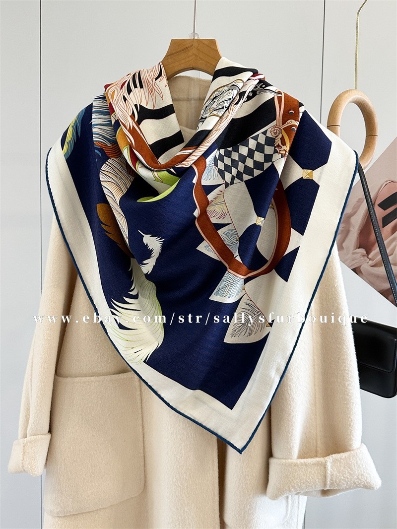 Sallys 70% Cashmere 30% Silk Wrap Scarf Feather Print Double Face Shawl 53″ Navy
