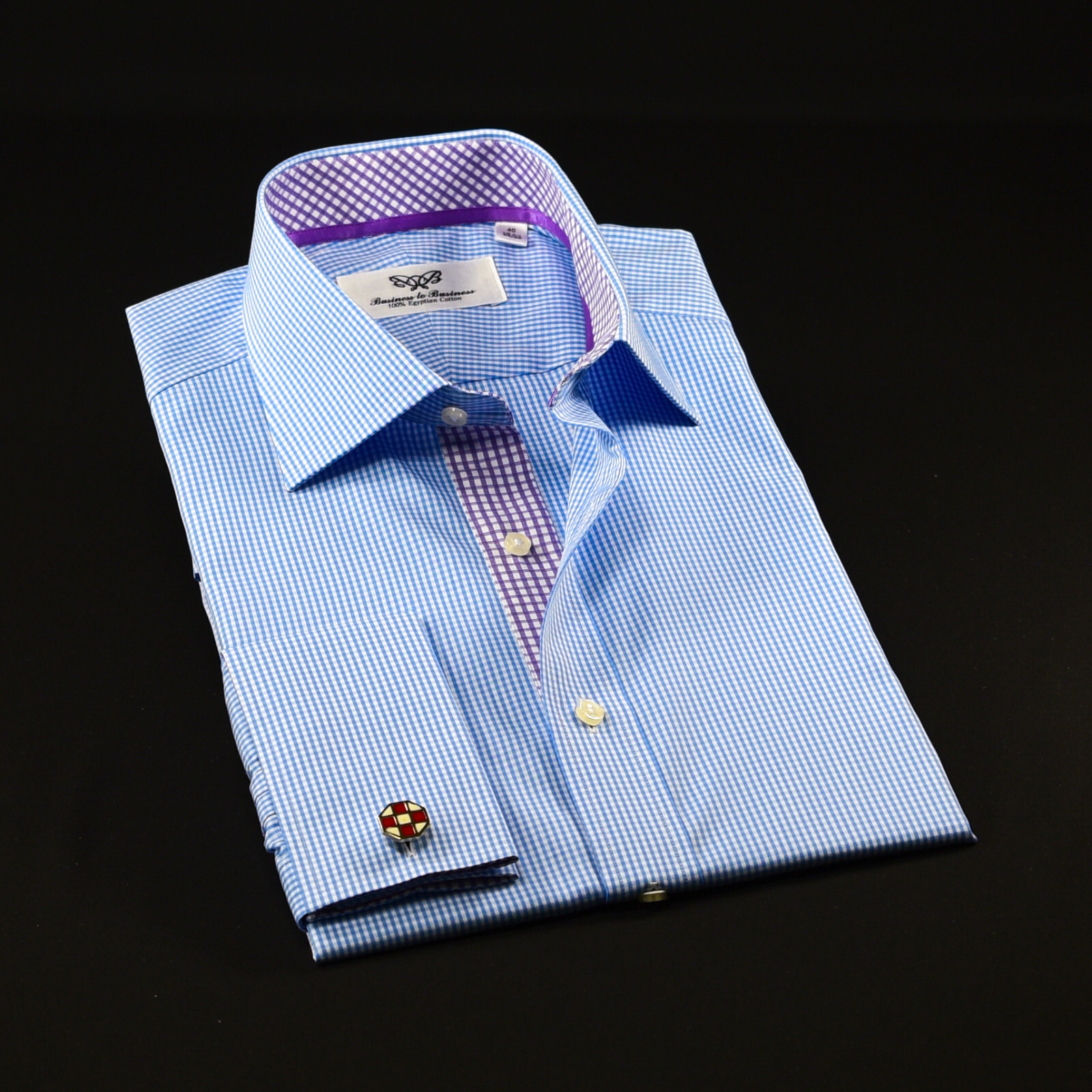 Blue Check on Designer Formal Business Dress Shirt Purple Matching Pattern