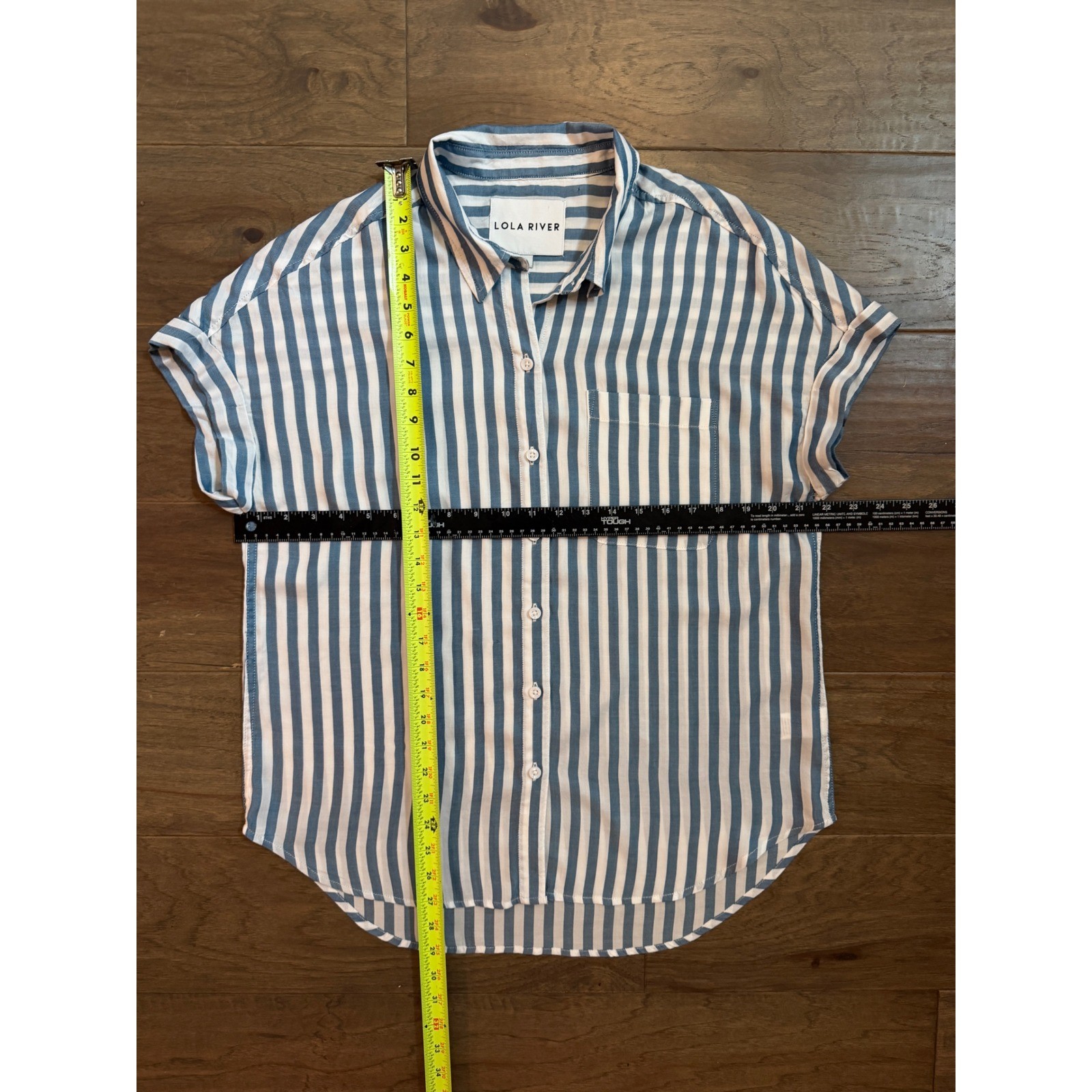 Lola River Womens Blue White Striped Tencel Short Sleeve Button Down Shirt M