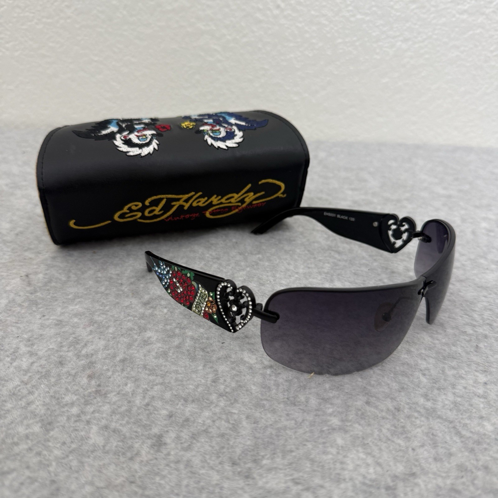 Ed Hardy Sunglasses EHS-031 Skunk Black Rhinestone Glasses With Case
