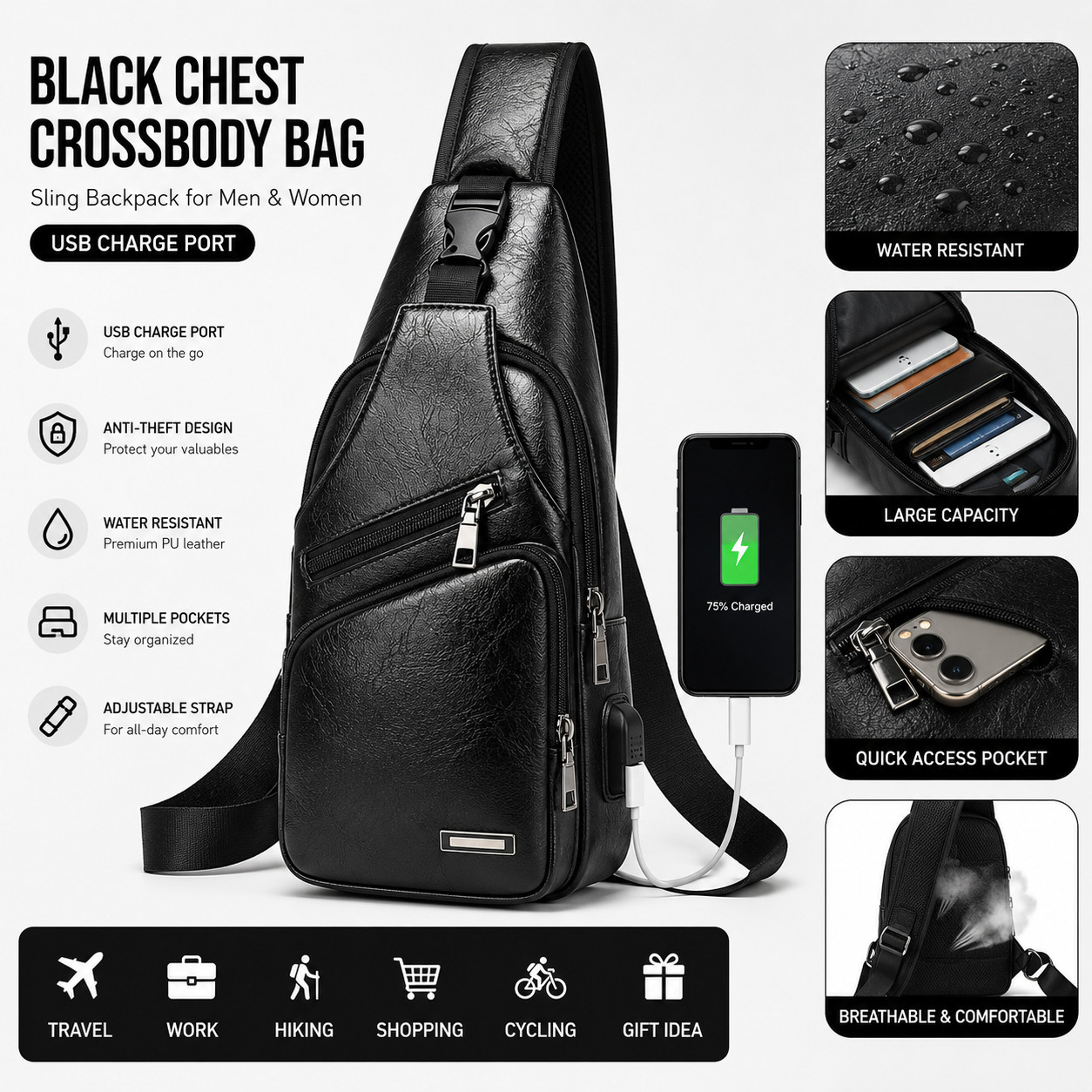 Mens Chest Shoulder Backpack Sling Cross Body Man Leather Satchel Travel Bag US