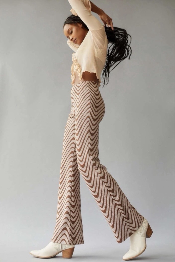 Urban Outfitters Bryn XS Flare Pants Brown Cream Swirl High Rise Pull-On Y2K 70s