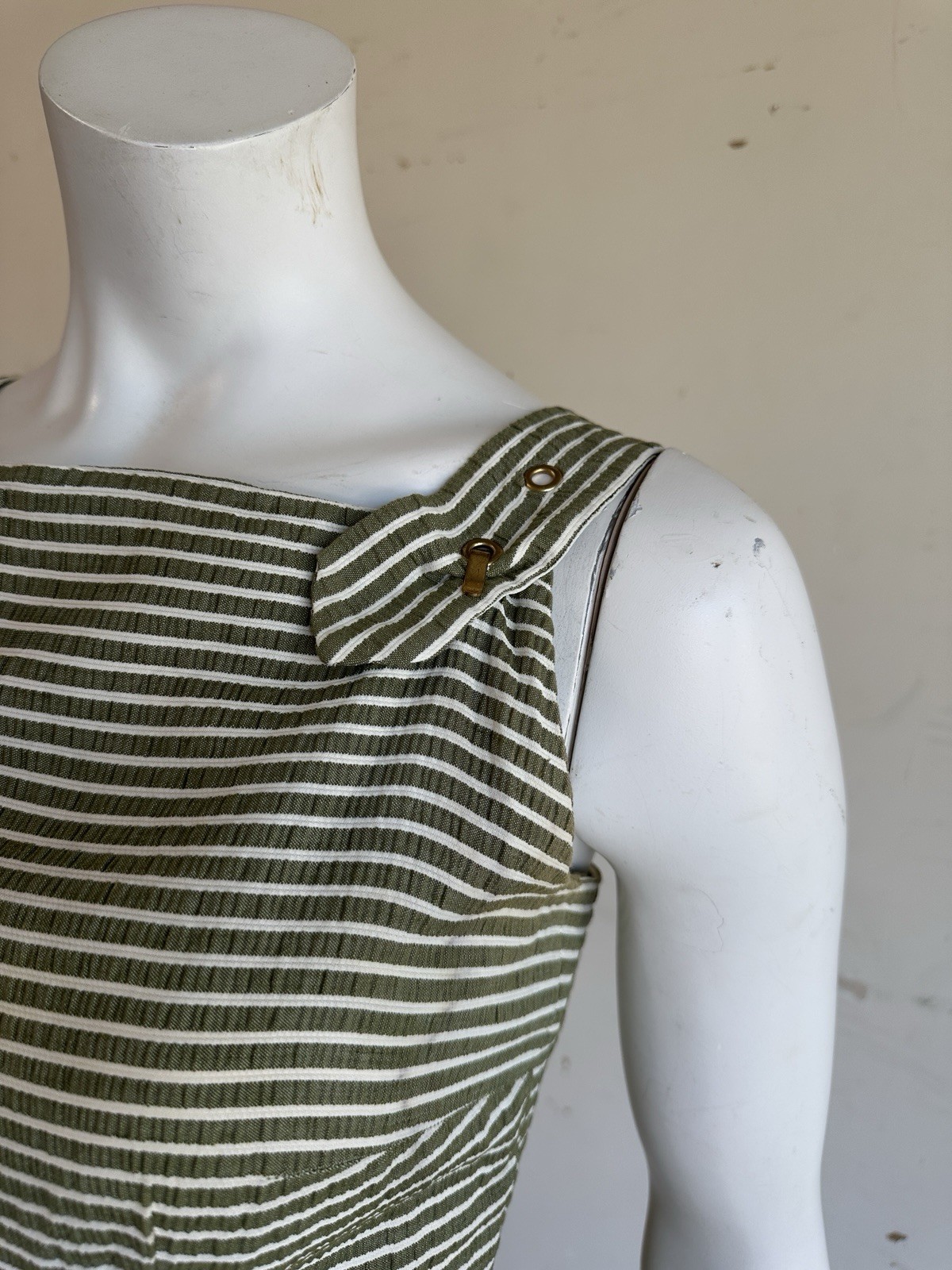 Vintage 50s 60s Olive Striped Summer Day Dress 25” Waist 1950s