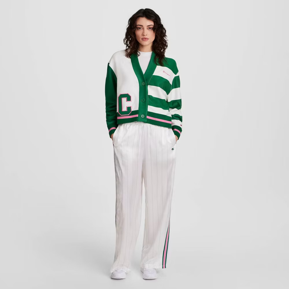 Champion Women Collegiate Cardigan – White/Green Striped XS