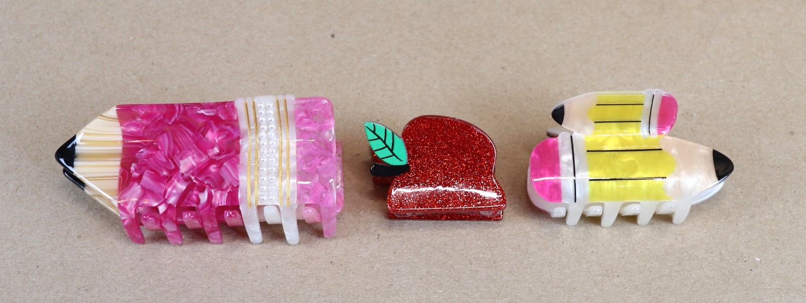 3 Piper K Claw Hair Clips School College Life Pencil Apple Large Small