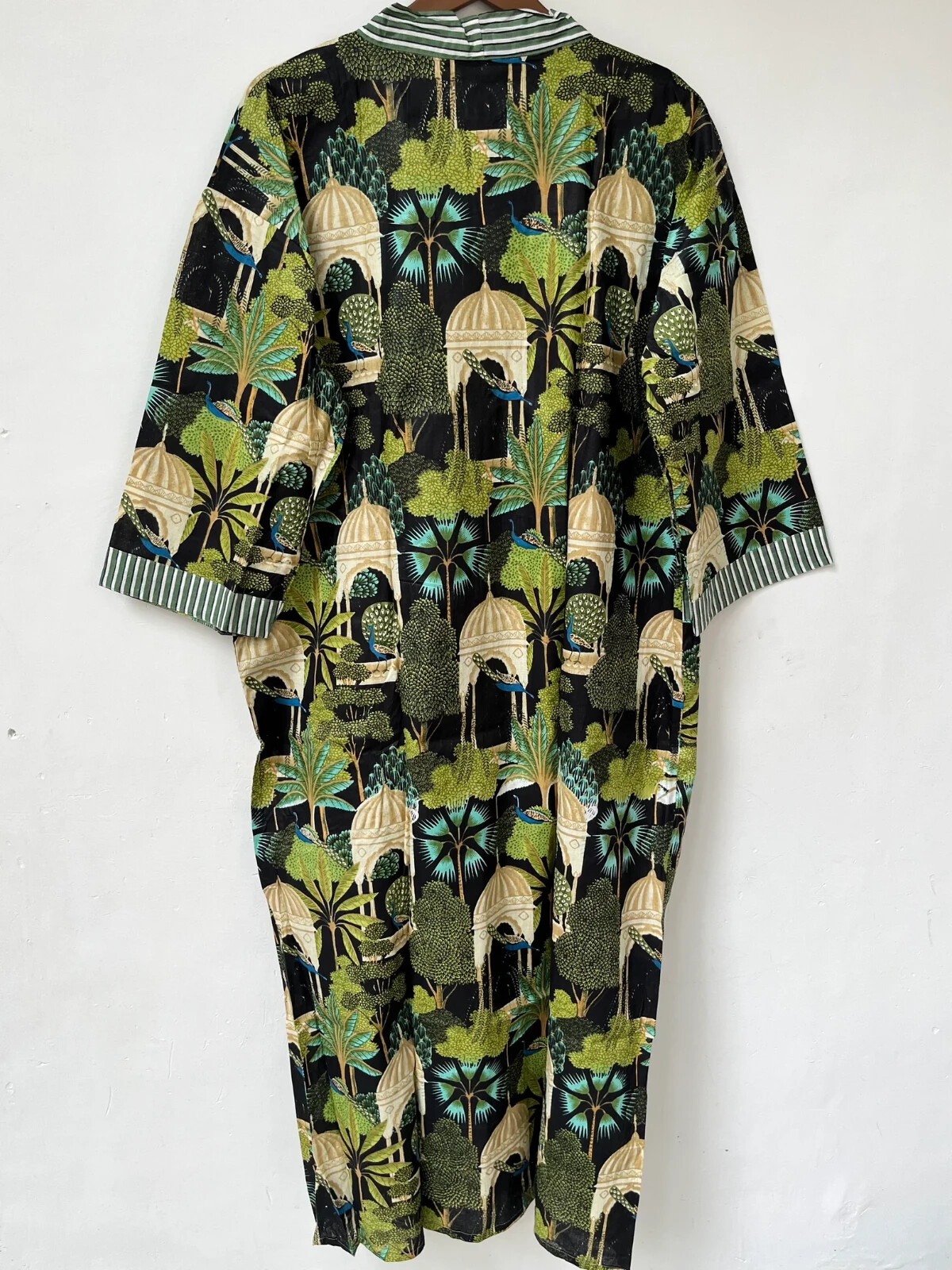 Indian Cotton Robe Long Kimono Sleepwear Black Floral Printed Night Kimono Robe