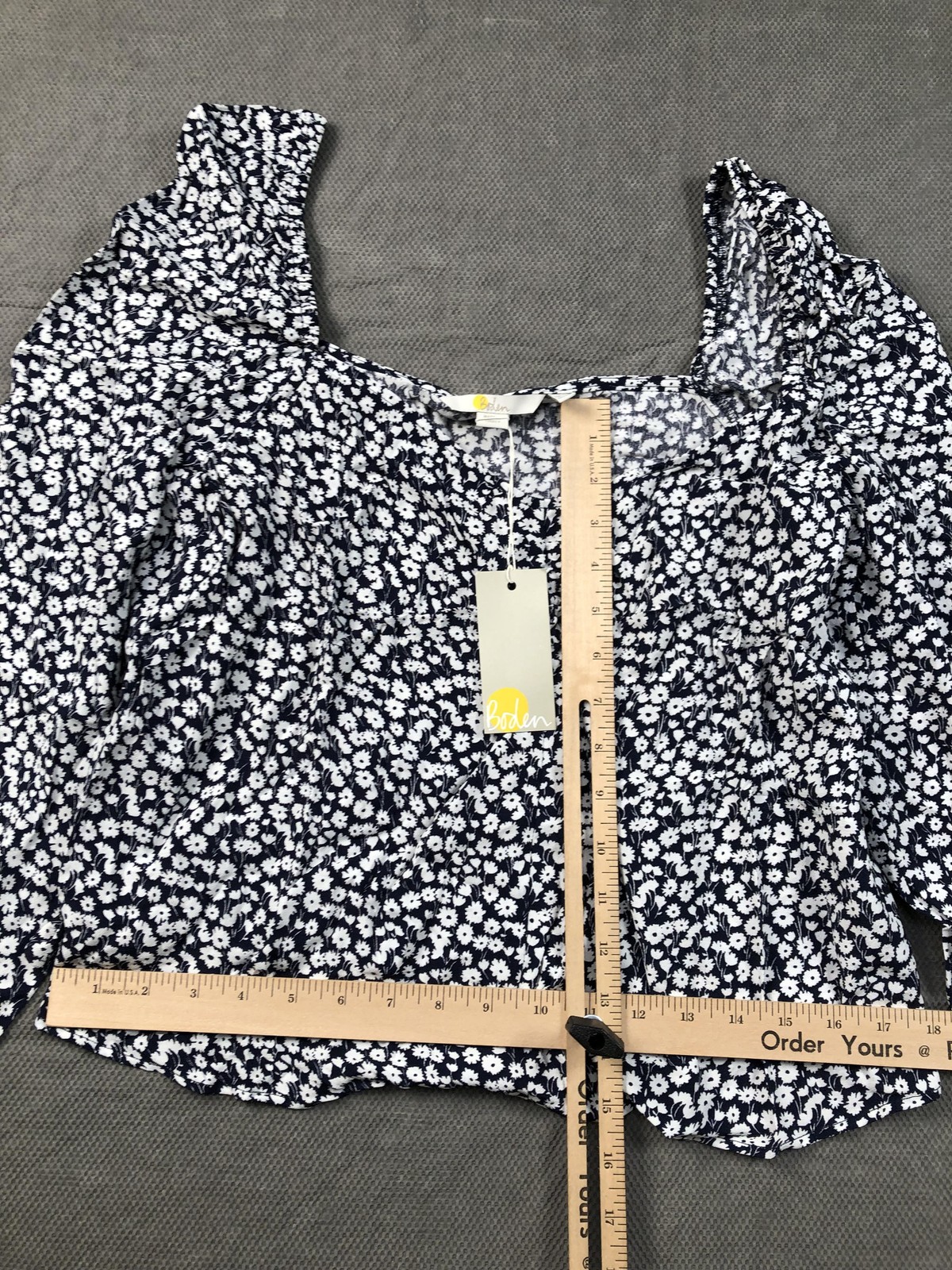 Boden Blouse Womens 10 Blue Square Neck Long Puff Sleeve Floral Cropped NWT