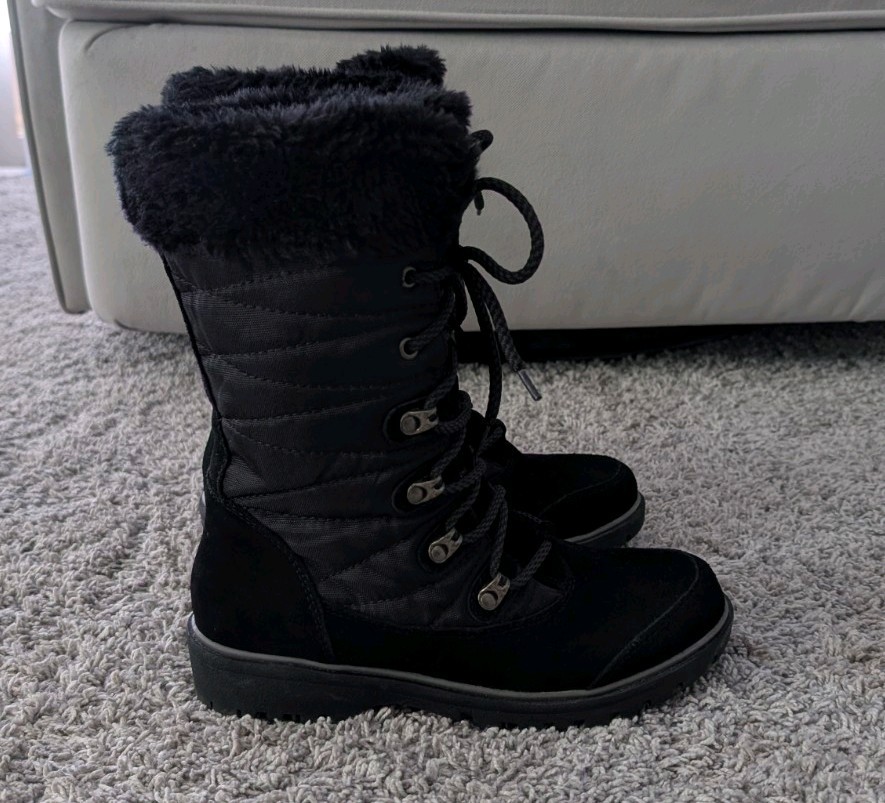 Baretraps Black Leather Faux Fur Trim Lace-Up Mid-Calf Round Toe Boots 6.5M