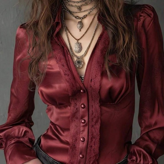 Womens Satin Long-sleeve Shirt With A Turn-down Collar