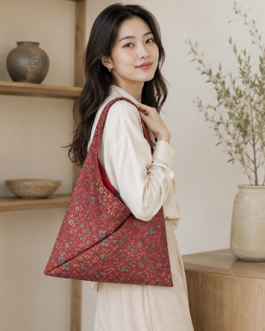 Vintage One of a Kind Japanese Obi Silk Shoulder Bag Burgundy Floral Knot Bag