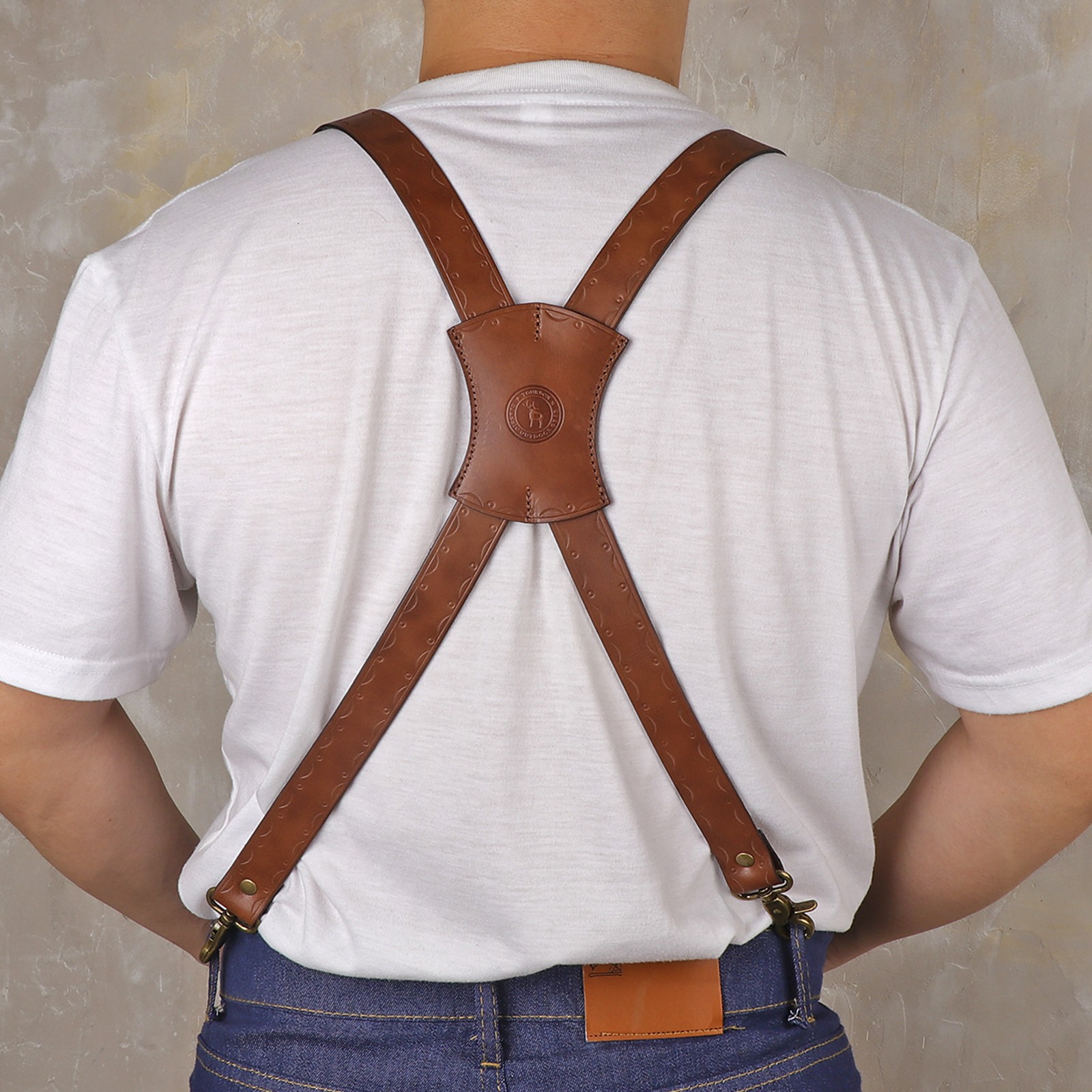 Tourbon Leather Men’s Suspenders X Back Adjustable X-Shaped Hooks Pants Braces