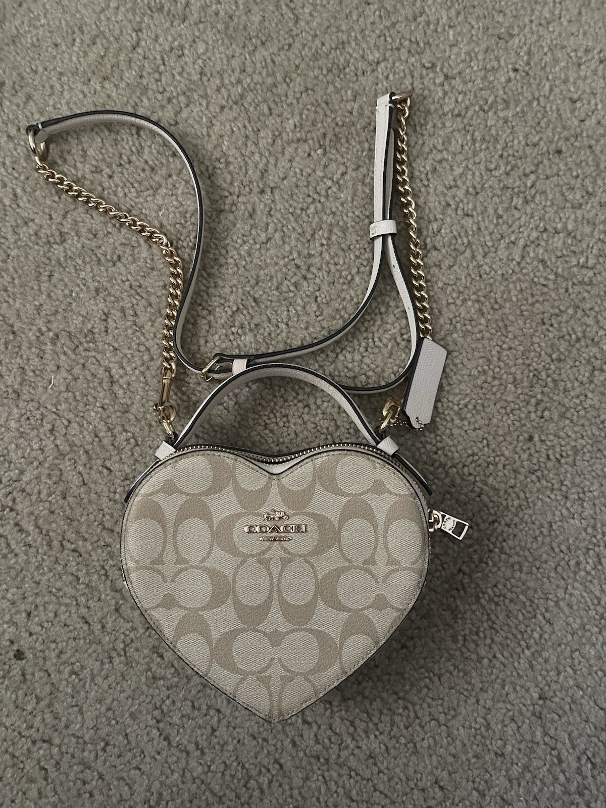 Coach Heart-Shaped Crossbody Bag Signature Monogram Beige Gold Hardware Strap