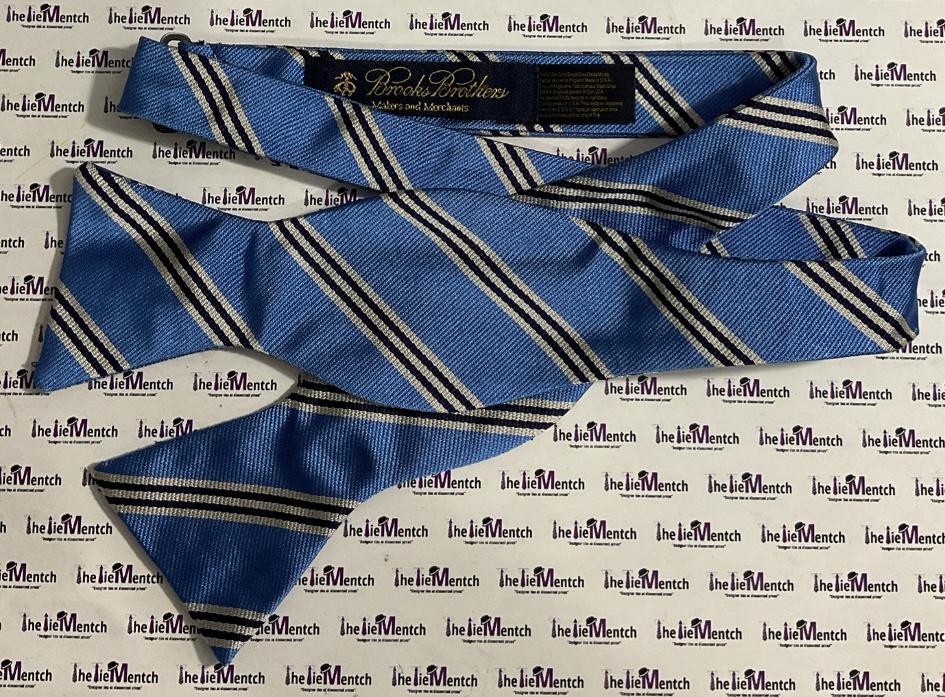 Brooks Brothers Blue With White Stripes Design Self Tie Bow Tie(New-Minor Flaws)