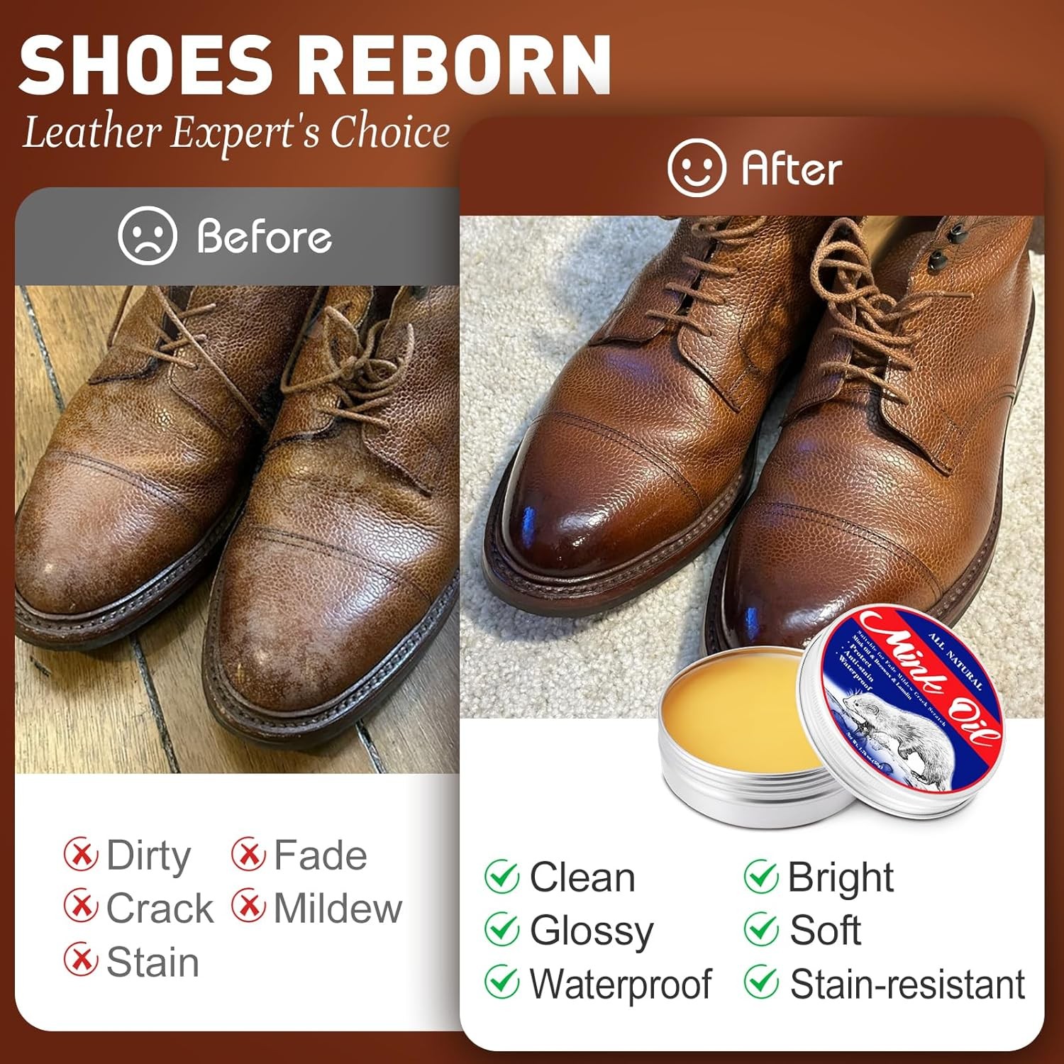6-in-1 Mink Oil Leather Conditioner 3.52oz Cleaner for Boots Shoes Jackets
