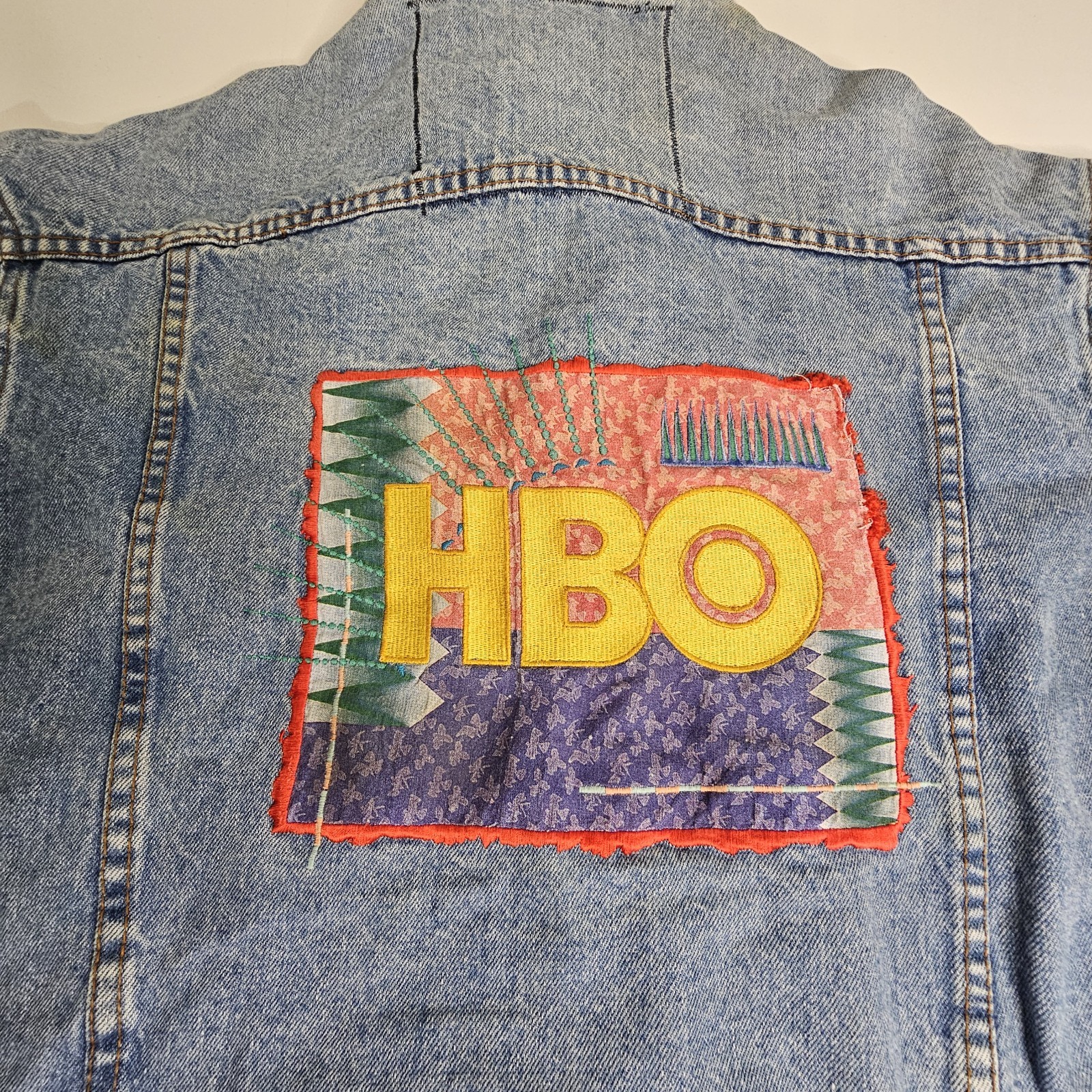 Vintage 80s 90s HBO Patchwork Jean Denim Jacket Med Pop Art Prime Time Short