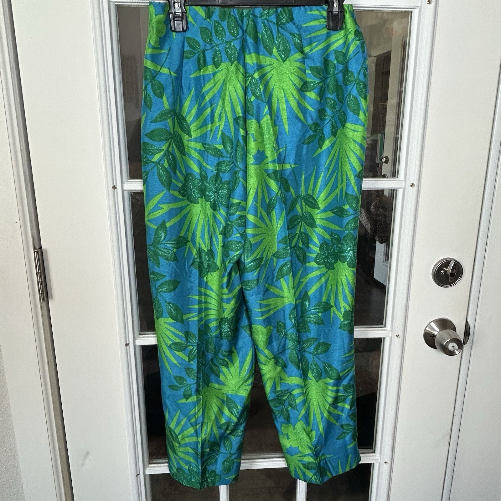 Vintage 80s 90s Tropical Palm Leaf Plant Cropped Pants Size 10 Bold Green Blue