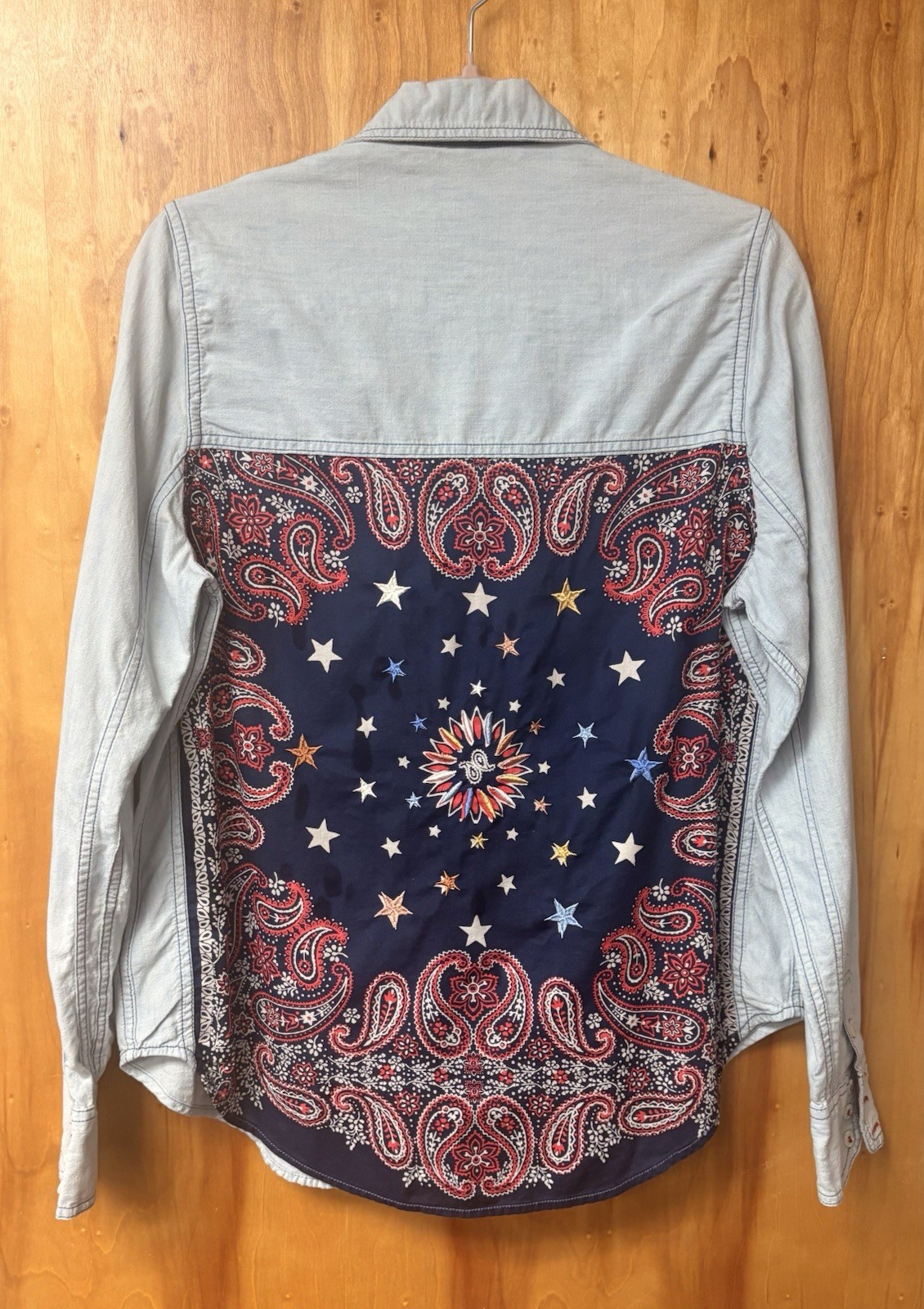 Free People Women’s S/P Blue Denim Button Front Paisley Long Sleeve Shirt