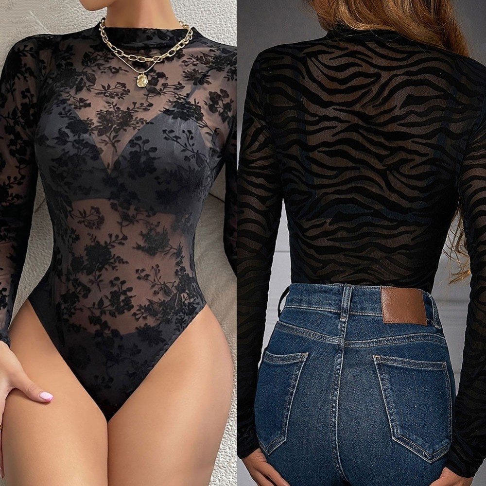 Womens Bodysuit Jumpsuit Tops Lightweight Long Sleeve Romper See Though Sexy