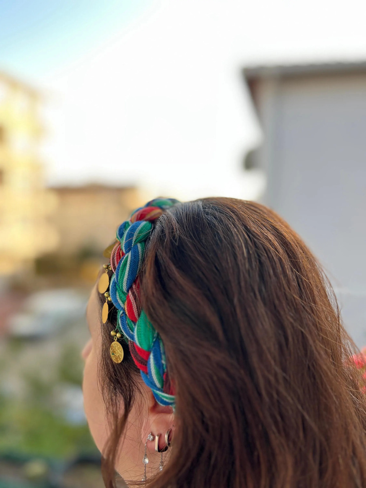 Gold Coin Handwoven Cotton Hair Band Green Blue Red Yellow Striped Handmade