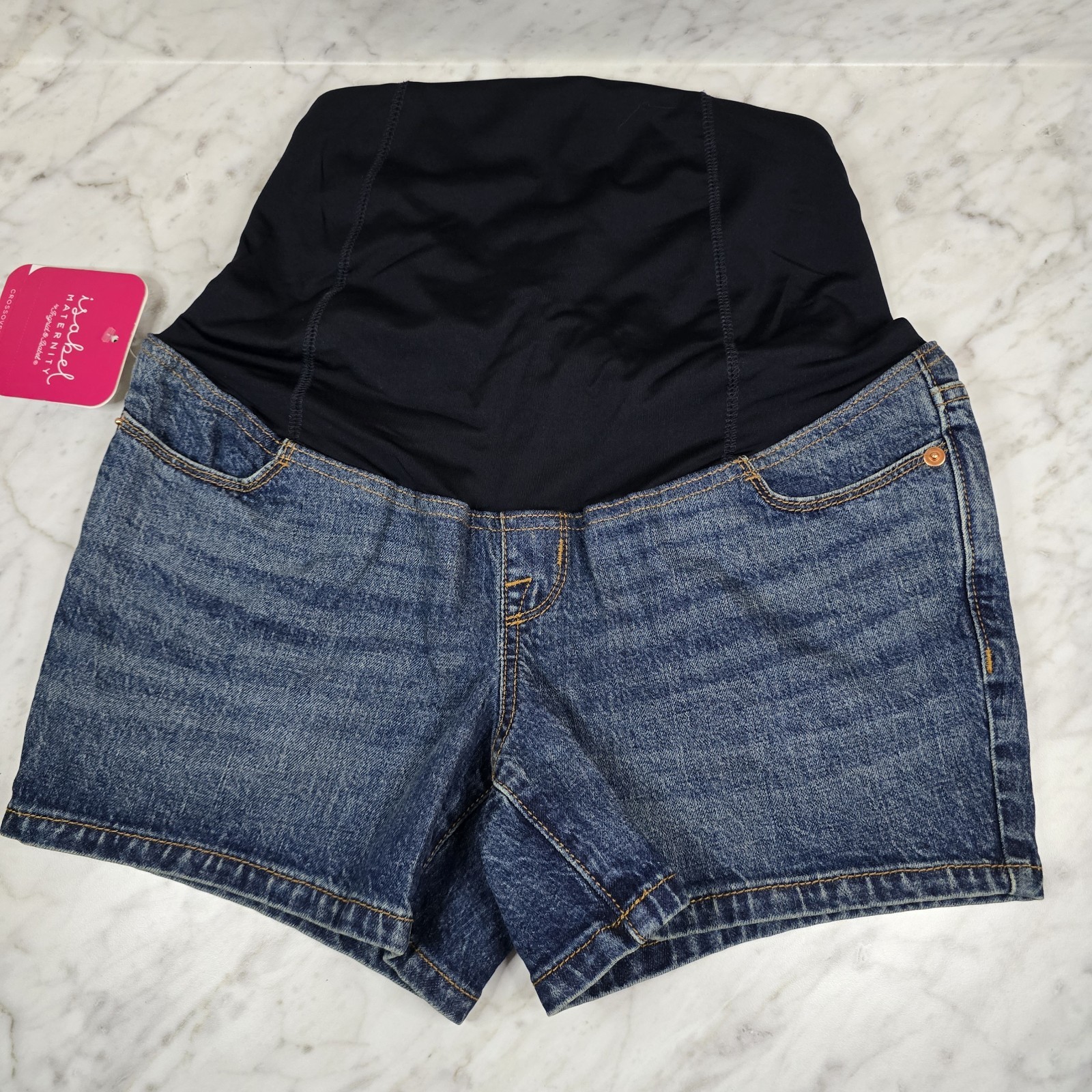 Isabel Maternity Shorts Crossover Panel Midi Short 4 In Inseam Medium Wash