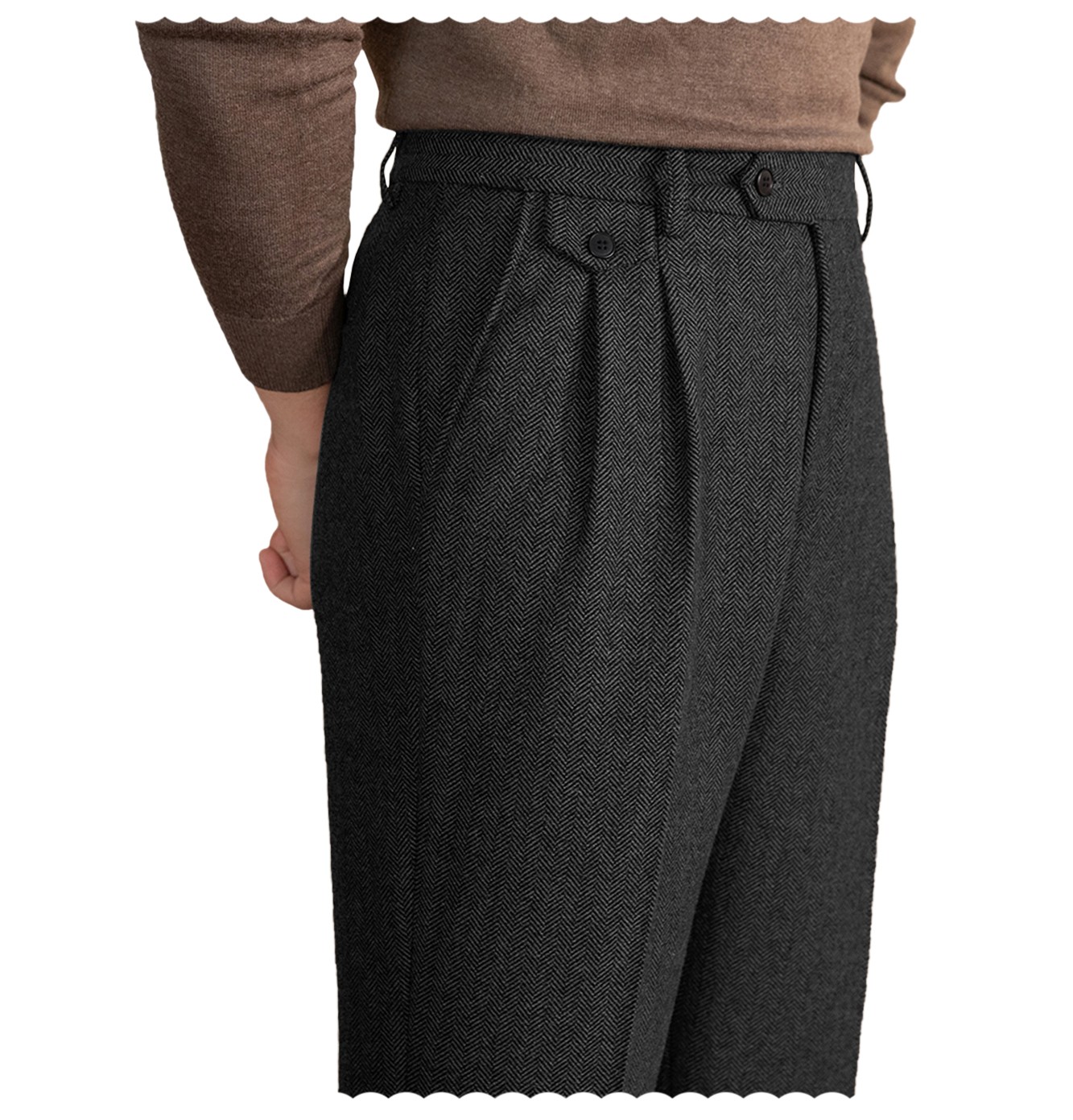 Mens Tweed Suit Pants Vintage Retro Herringbone Adjustable Waist Trousers 28-42