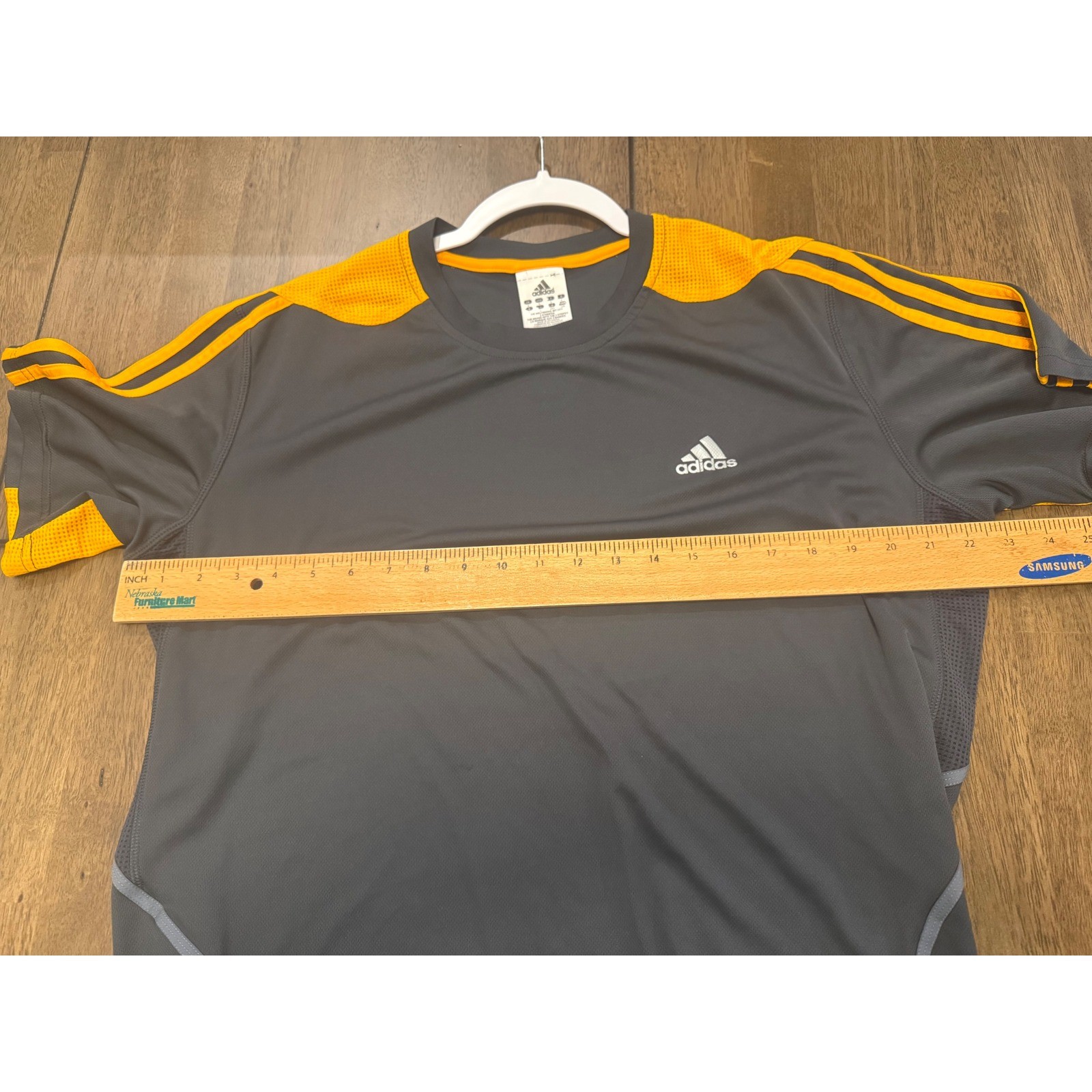 Adidas Response Men Large Charcoal Grey Orange 3-Stripe Performance Mesh T-Shirt