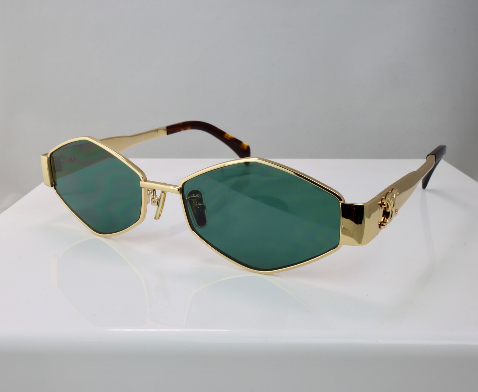 Celine CL40254U 30N 54mm Rectangle Gold Sunglasses with Green Lens