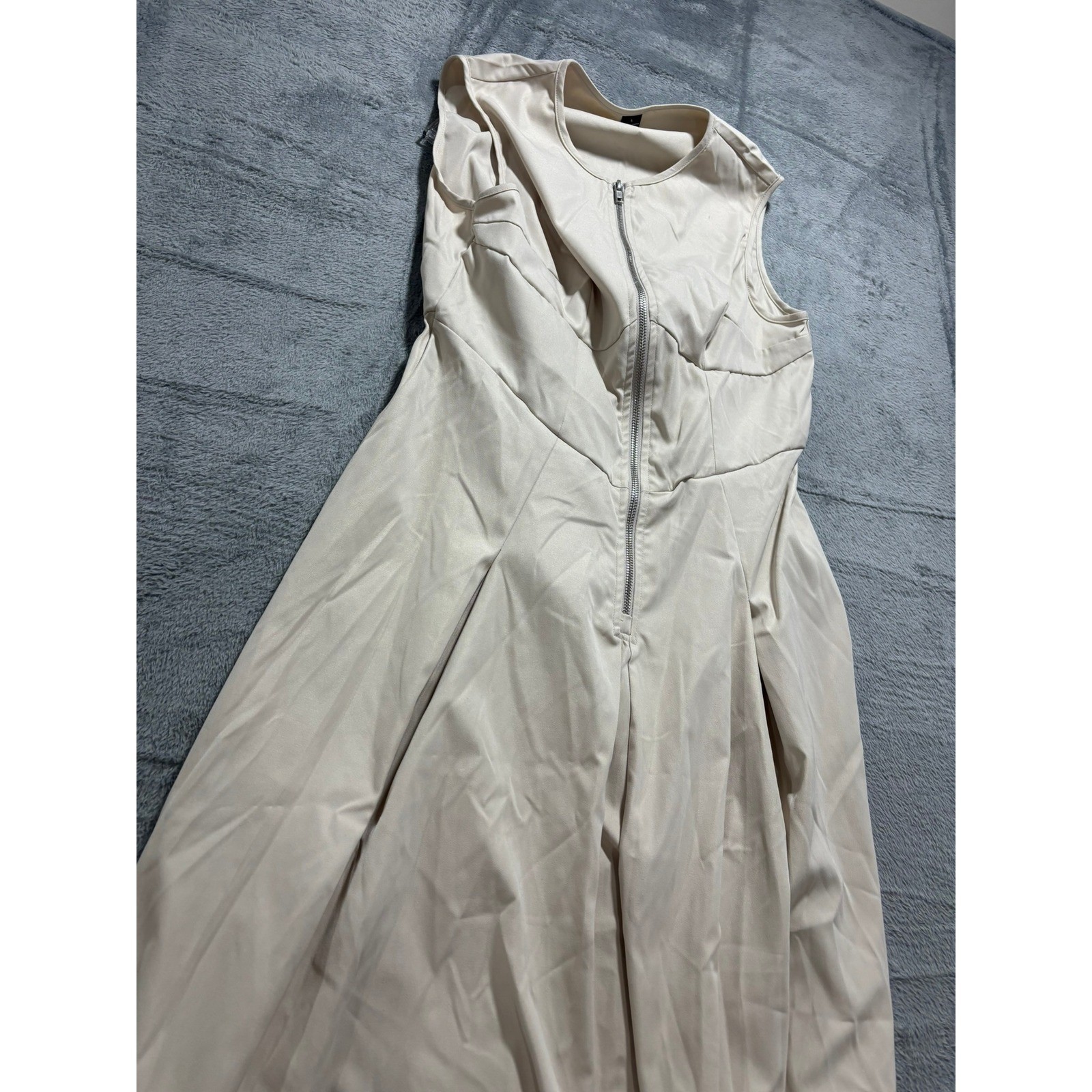 Beige Sleeveless Front Zip Pleated Maxi Dress Corset Bodice Minimalist Neutral