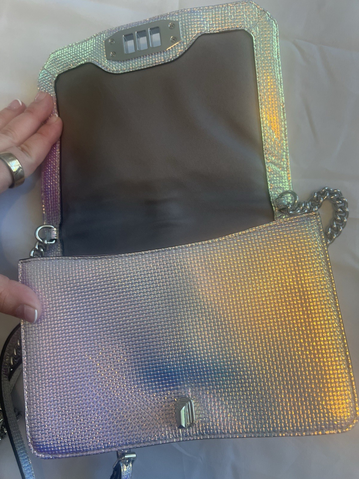 Rebecca Minkoff Iridescent Silver Crossbody Bag Turn Lock Chain Strap Detach