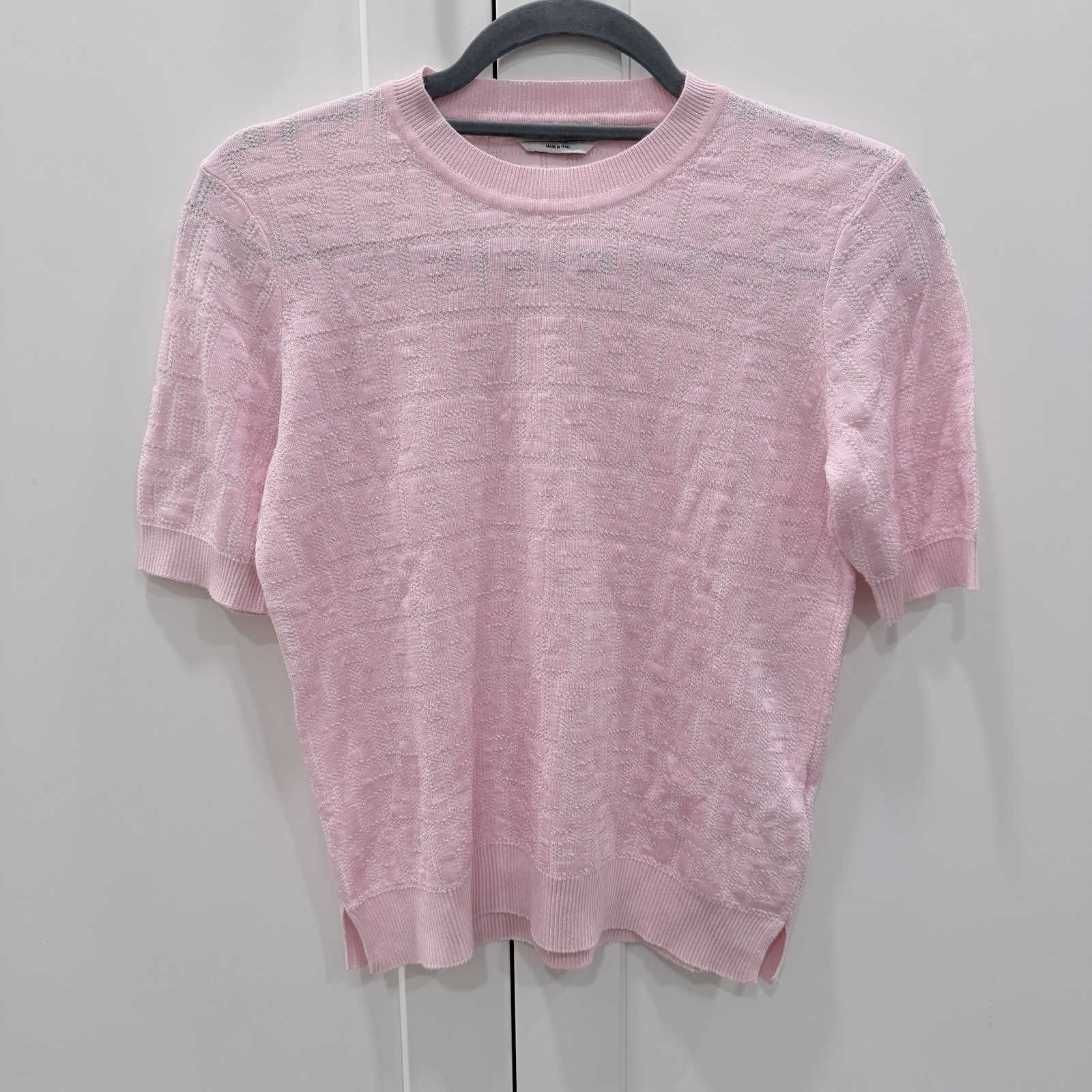 Fendi FF Logo Knit Short Sleeve Sweater Top Pink IT 40 US S Made In Italy