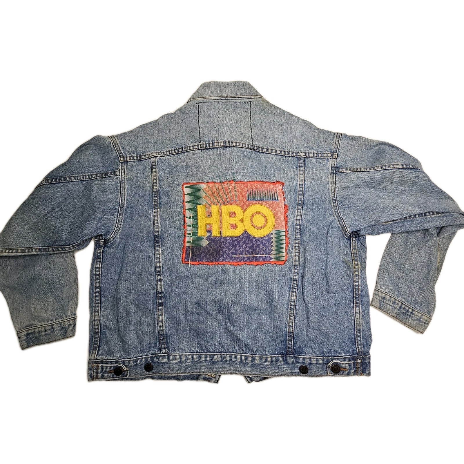 Vintage 80s 90s HBO Patchwork Jean Denim Jacket Med Pop Art Prime Time Short