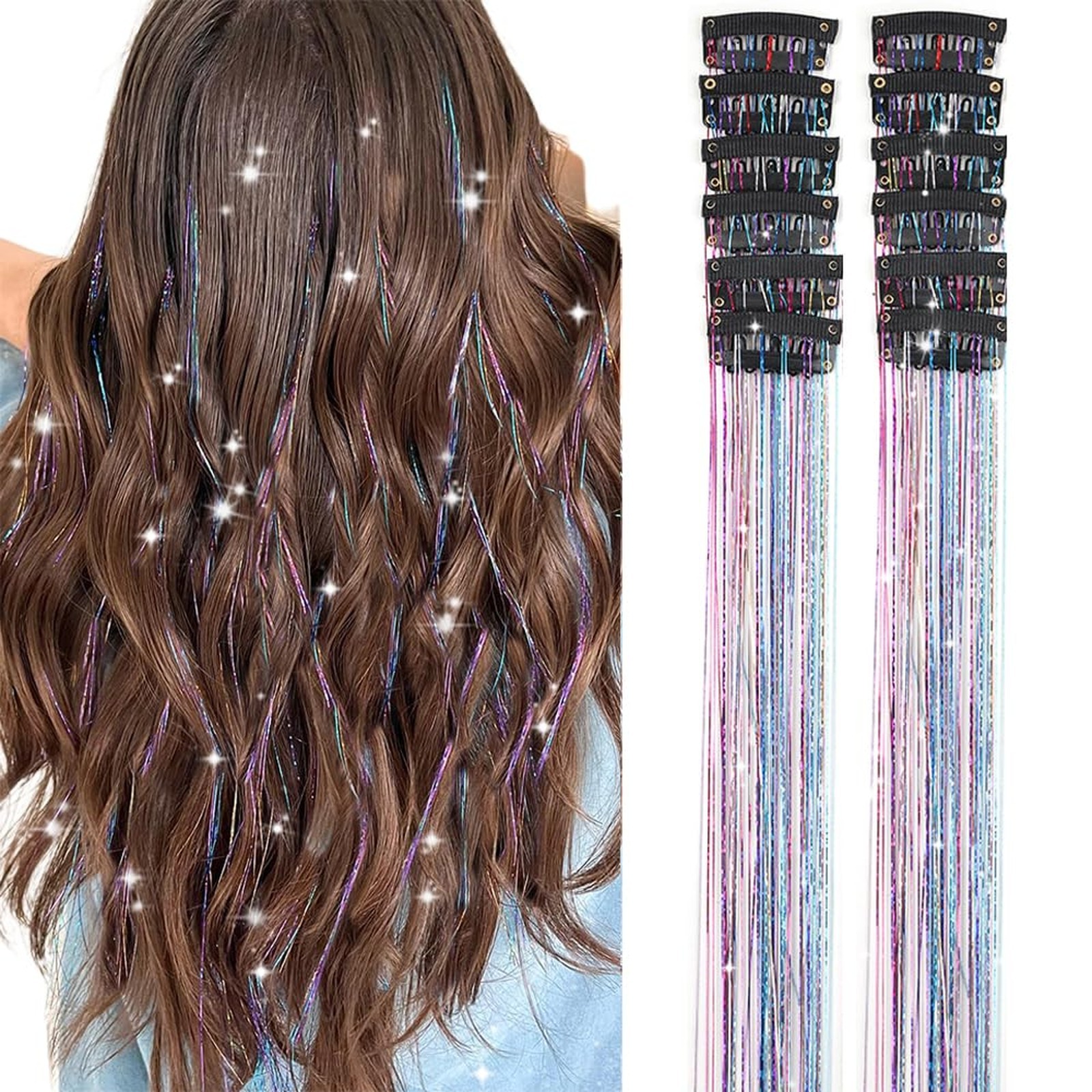 Colorful Hair Tinsel Extensions Pack of 12 Clip in Glitter Hair Accessories 20