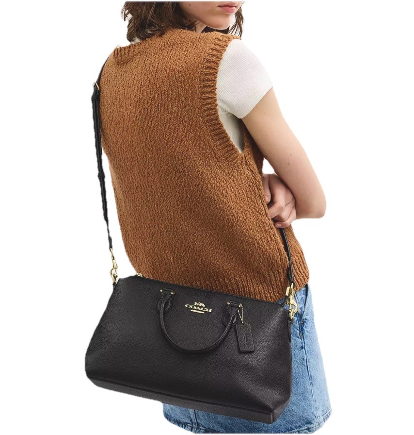 COACH Georgia Satchel Bag In Refined Pebble Leather – CR156 – Gold/Black