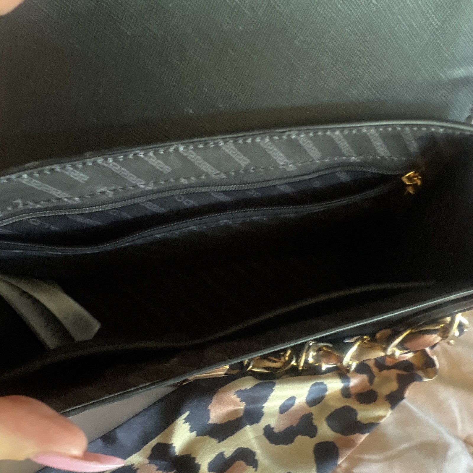ALDO Black Crossbody Bag Turn Lock Gold Hardware Chain Strap Scarf Accent