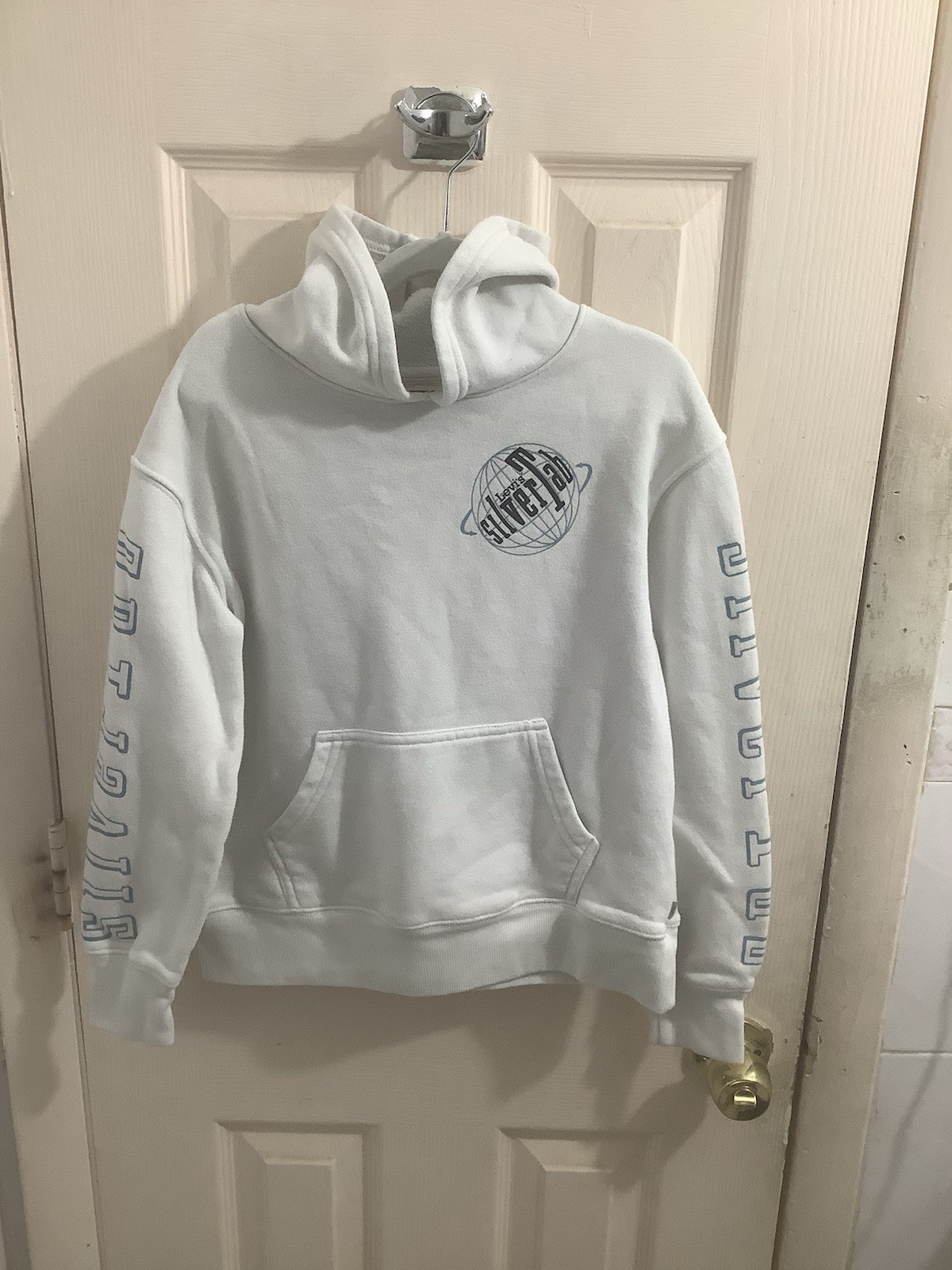 Levi’s White Silver Tab Soft Cozy Fleece Hoodie Size Small Blue Text Logo