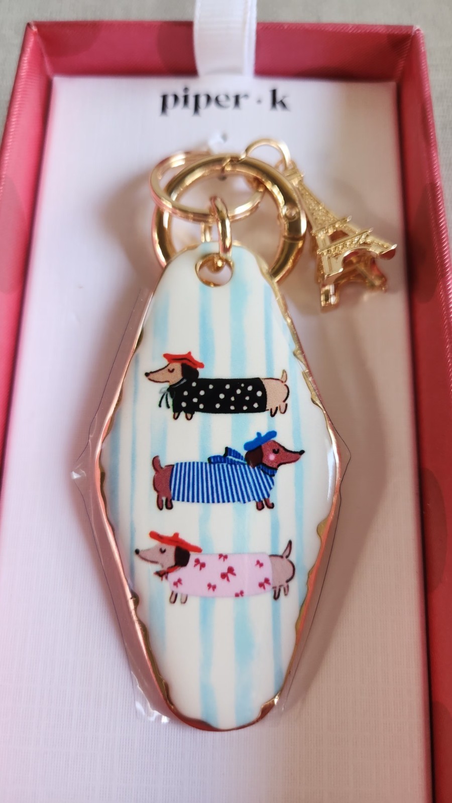 NIB! Piper K Dachshund Wiener Dog Eiffel Tower Paris Gold Accent Bag Charm