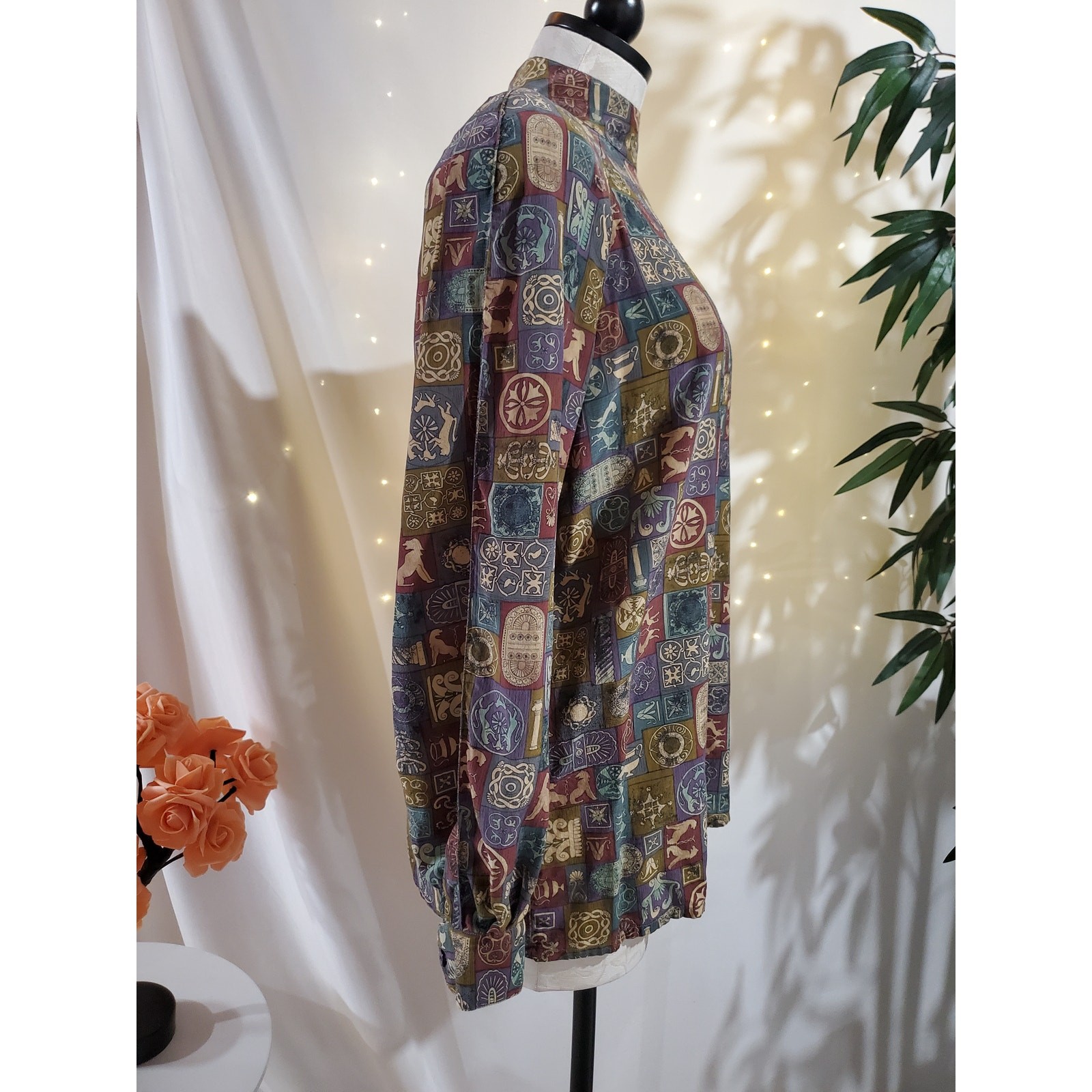 Silks VTG 80s 90s Egyptian Hieroglyph Long Sleeve Mock Blouse Womens Size M Top