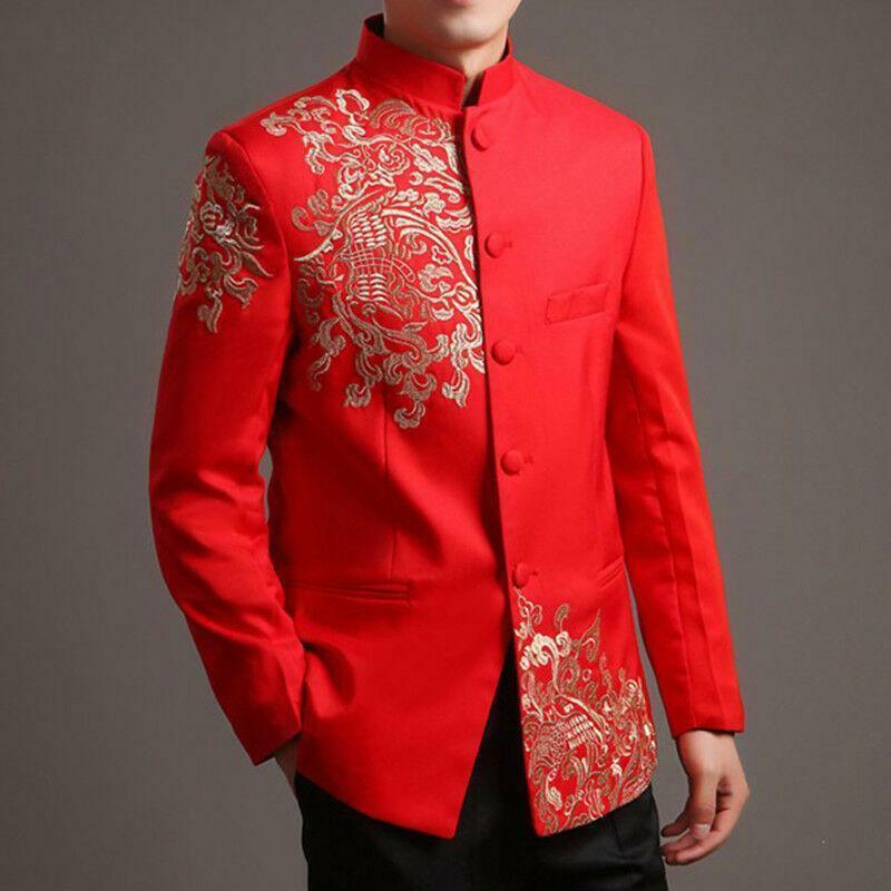 Men Red Tang Suit Chinese Wedding Suit Jacket Embroidery Pattern Jacket