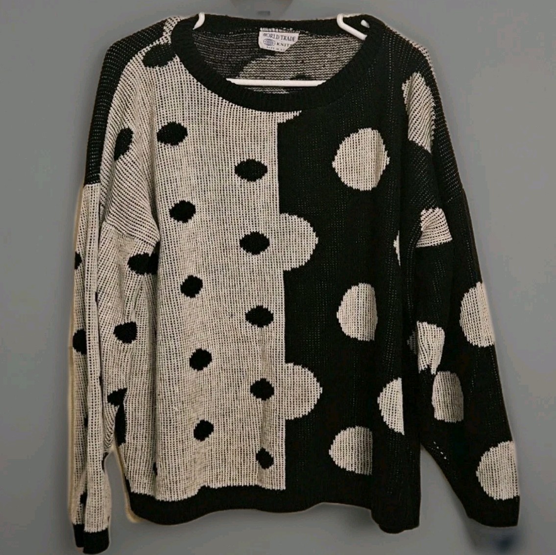 Vtg 80s World Trade Knits Black White Polka Dot Sweater XL New Wave Streetwear