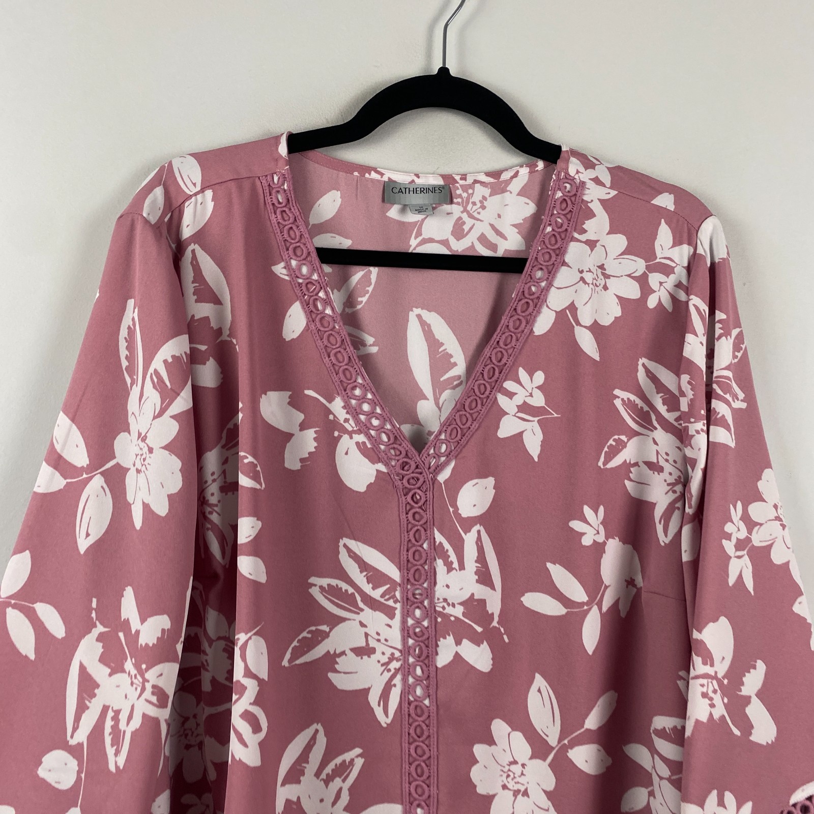 Catherines Crochet Trim V Neck Tunic Size 1X Dark Mauve Pink 3/4 Sleeves