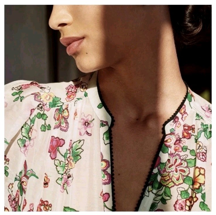 Me+Em Silk Cotton Floral Swirl Print Blouse Short Sleeve Size Uk 16