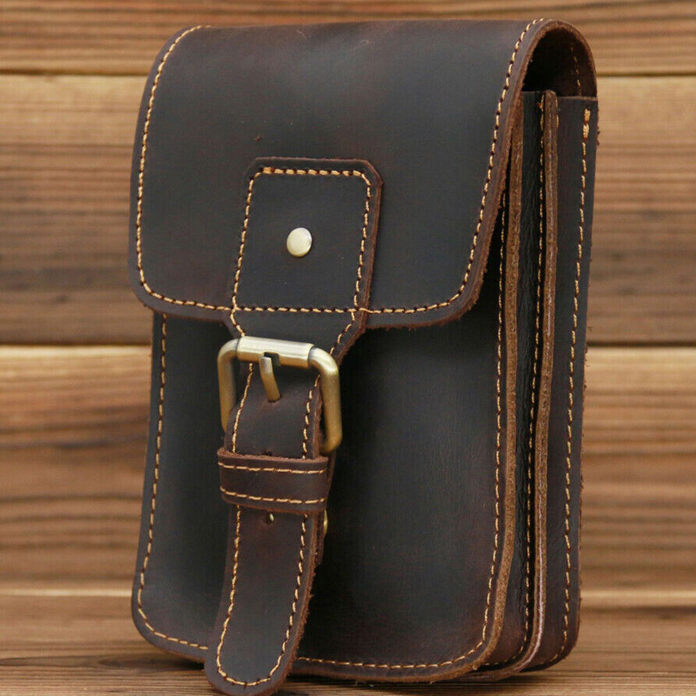 Crazy Horse Leather Men Small Waist Bag Pouch Hook Fanny Waist Belt Pack#