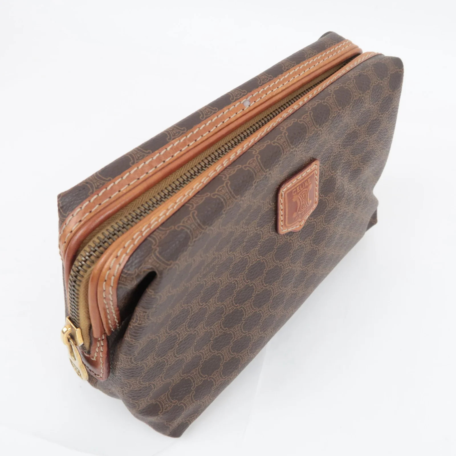 CELINE Macadam PVC Leather Cosmetic Pouch Brown Gold HDW Authentic